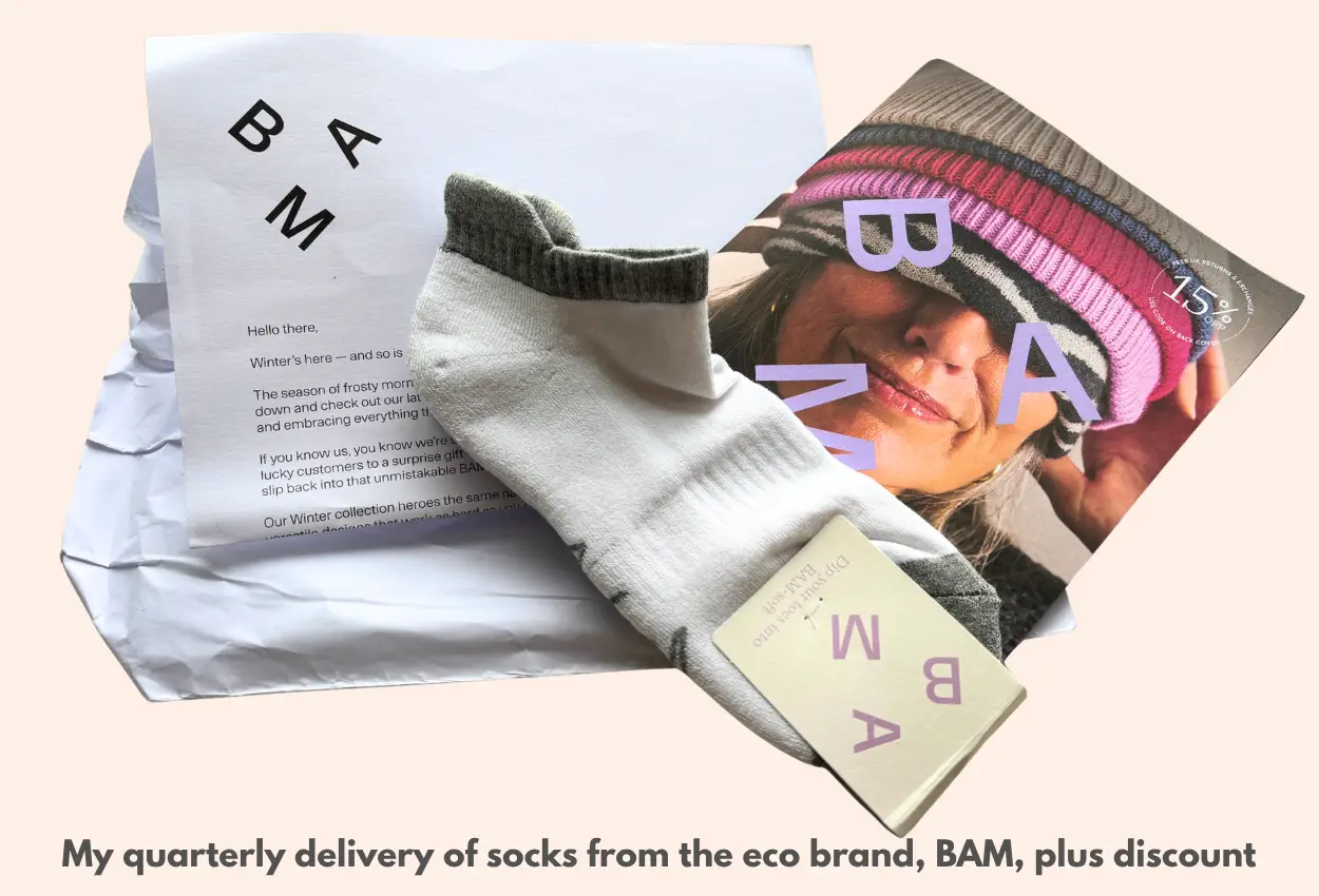 Pair of bamboo socks, winter catalogue and letter.