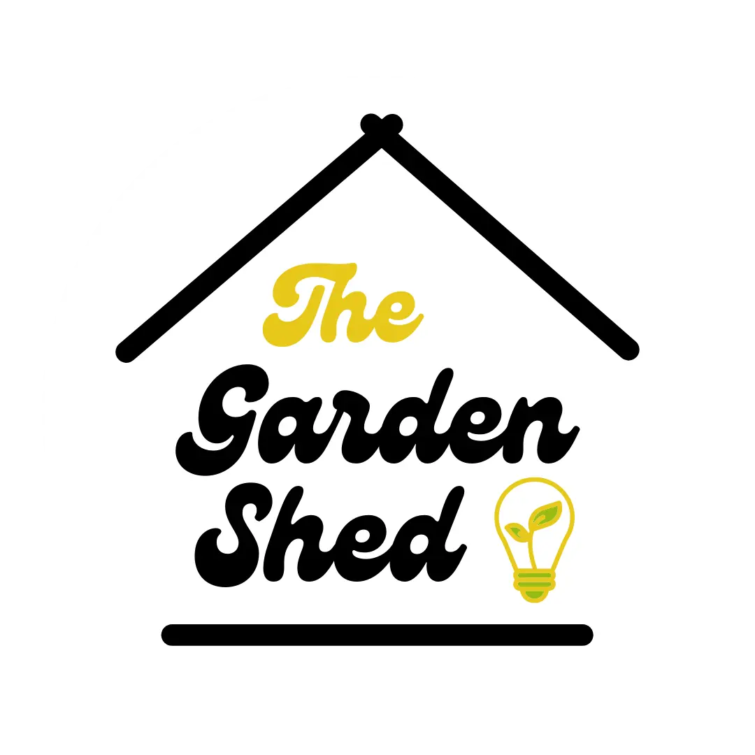 This is a logo with an outline of a shed with writing inside saying The Garden Shed with a lightbulb