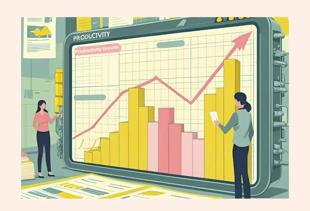 Image shows a large mock up of a graph with two people standing next to it.